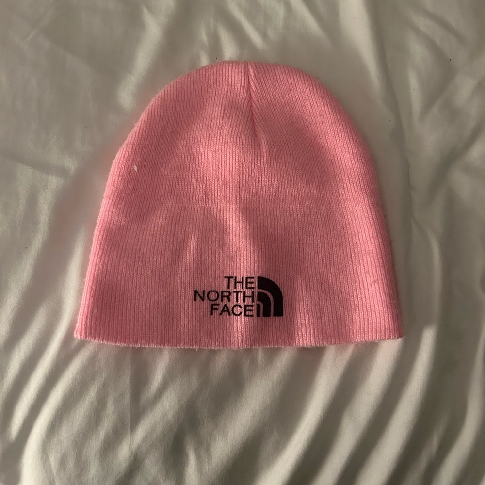 Pink kids North Face beanie hat